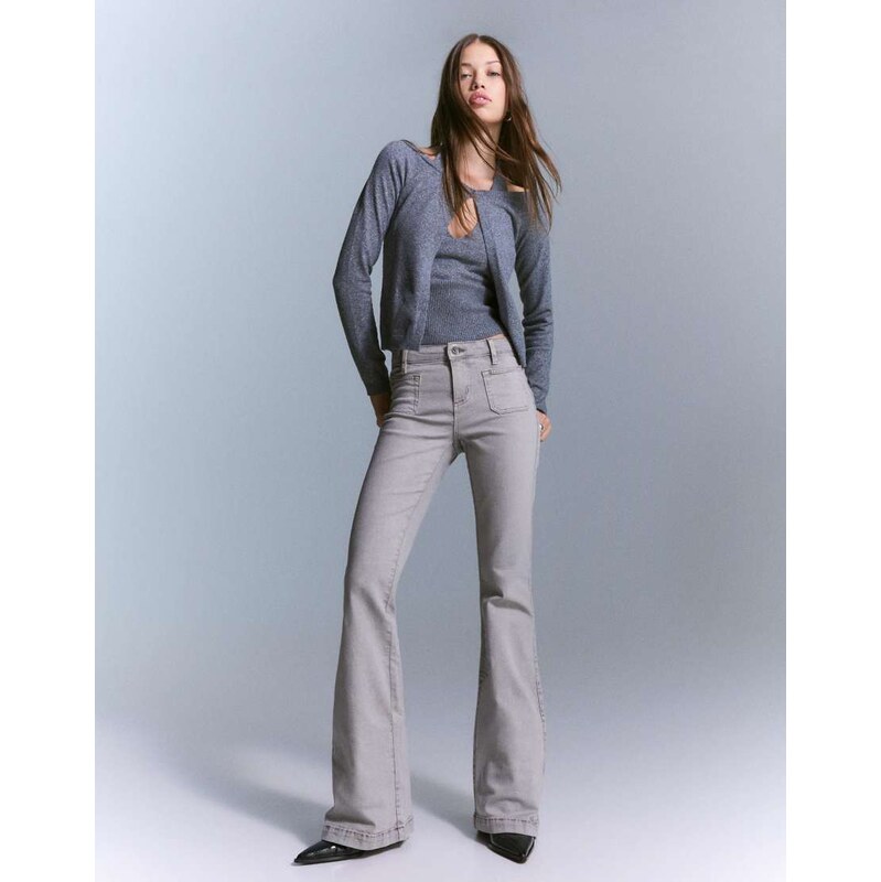 Bershka Flare trousers with flaps and pocket in light grey
