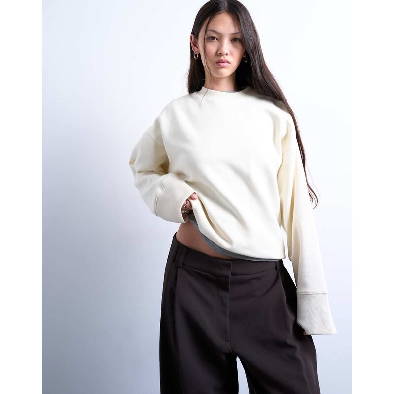 Topshop clean oversized deep cuff sweat in ecru-White 108304501