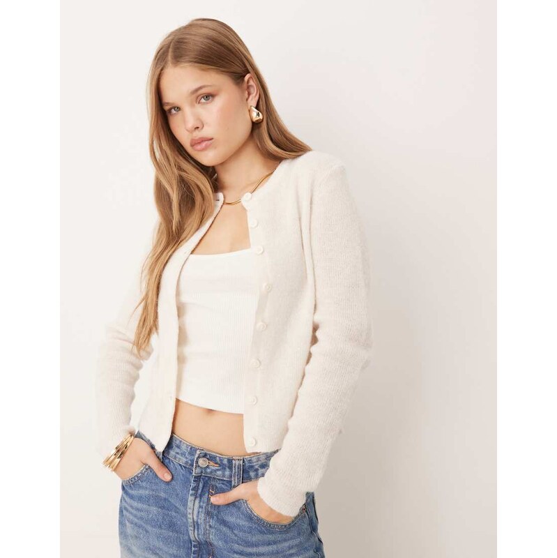 ASOS DESIGN crew neck micro cardigan in cream-White 108304053