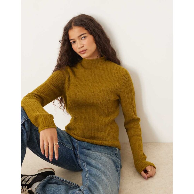 ASOS DESIGN knitted relaxed funnel neck top in rib in cumin