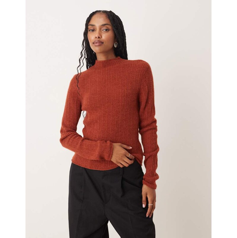 ASOS DESIGN knitted relaxed funnel neck top in rib in rust