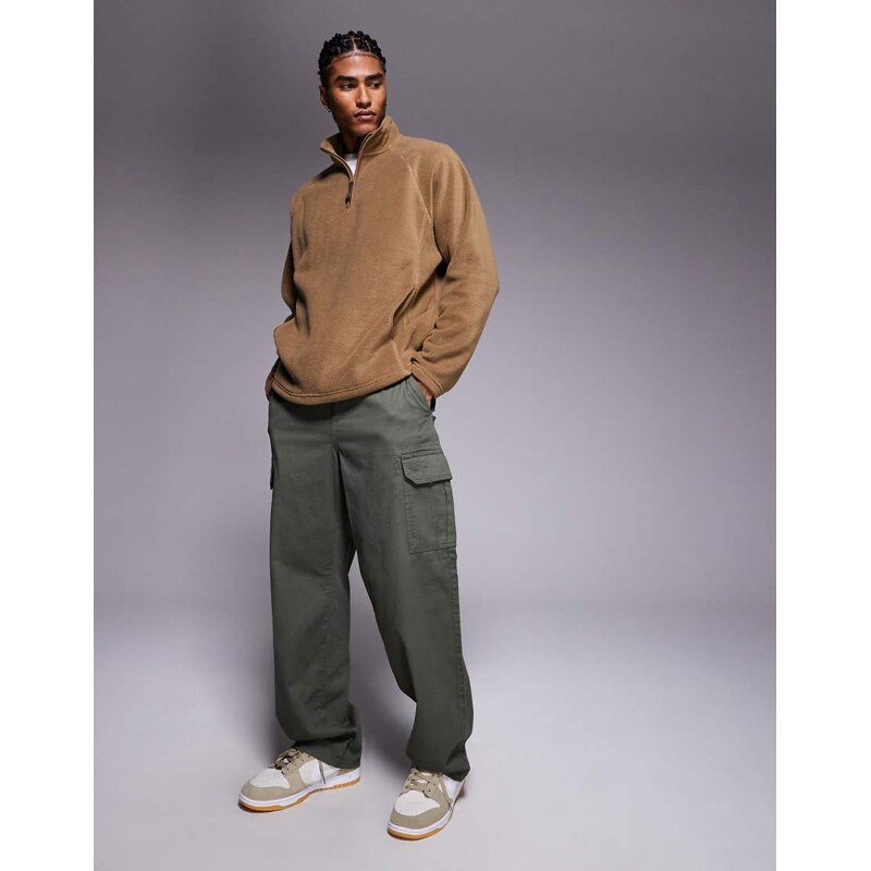 ASOS DESIGN relaxed funnel neck quarter zip fleece sweatshirt in beige-Neutral