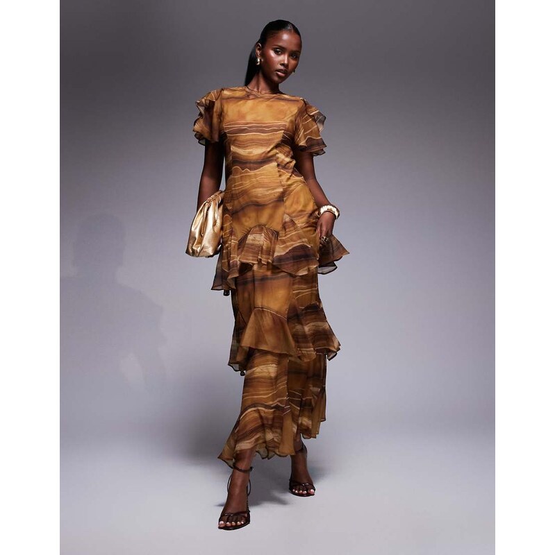 ASOS DESIGN ruffle chiffon maxi dress in chocolate abstract