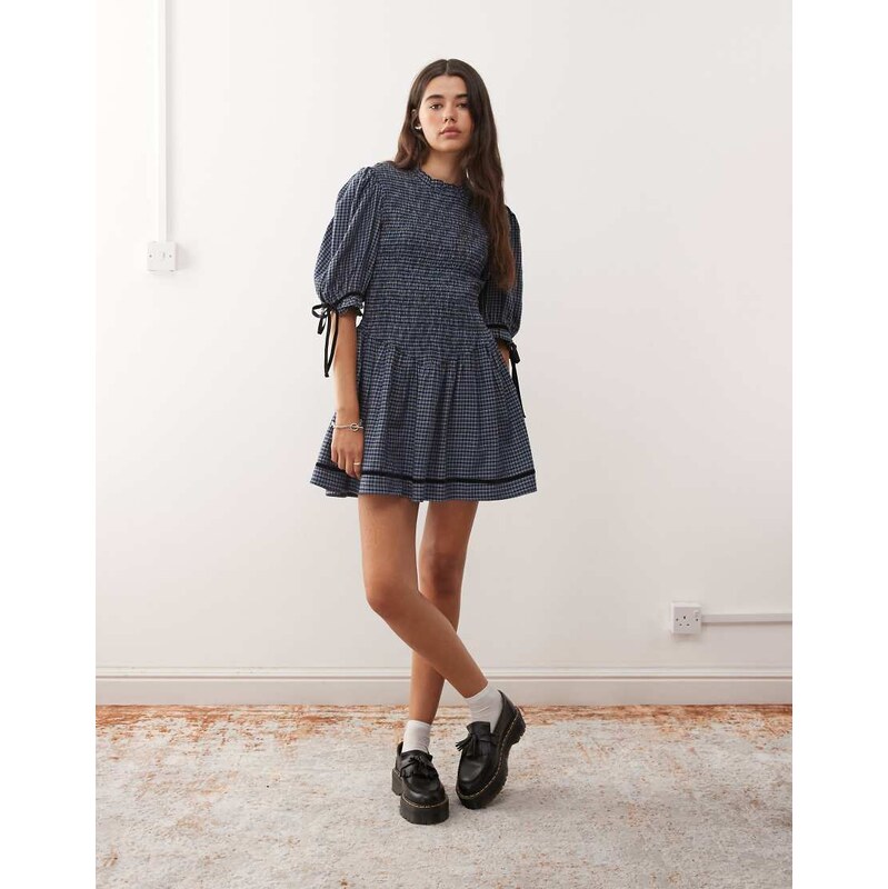 Reclaimed Vintage mini dress with shirred bodice and velvet trims in 108310155