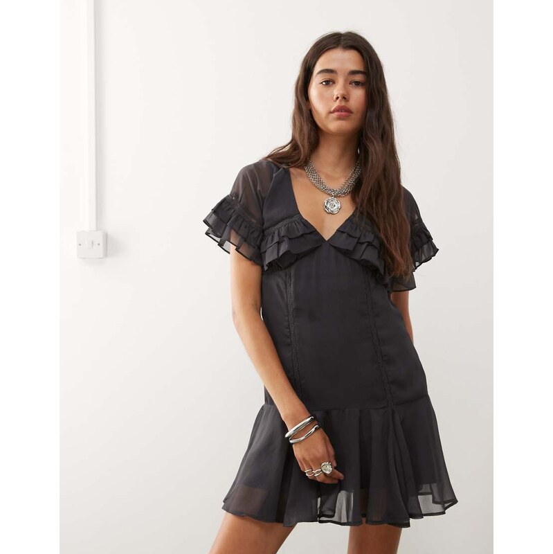 Reclaimed Vintage mini tea dress with cape collar in charcoal grey 108310323