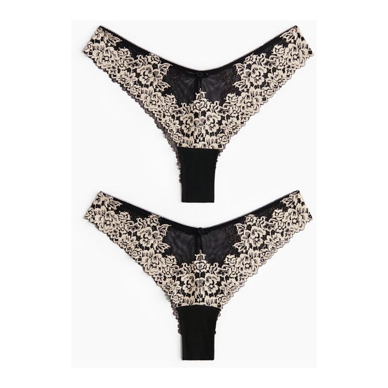 H&M - Krajkové kalhotky brazilian 2 kusy - Černá/Krémová