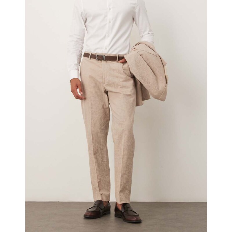 Selected co-ord regular fit seersucker trousers in beige-Neutral