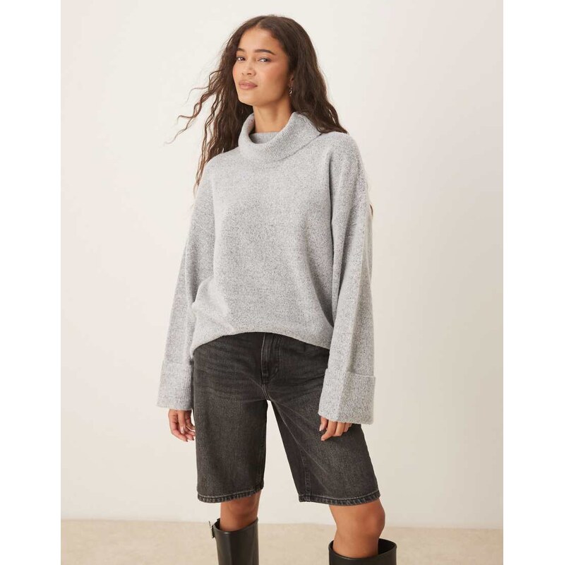 Vila roll neck knitted jumper with cuff detail in light grey melange 108310225