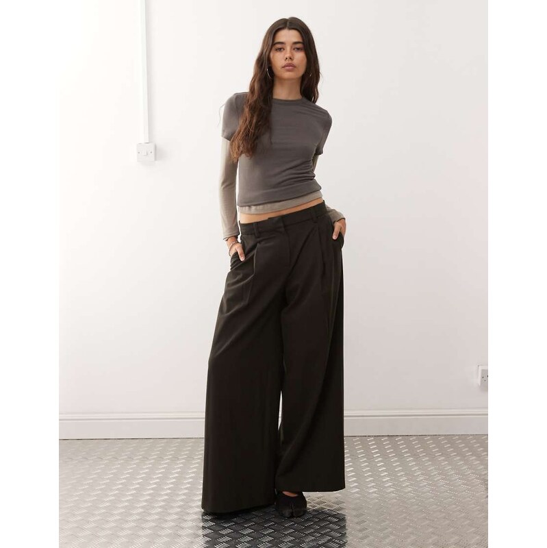 Weekday oversized wide leg pleated trousers in brown grey