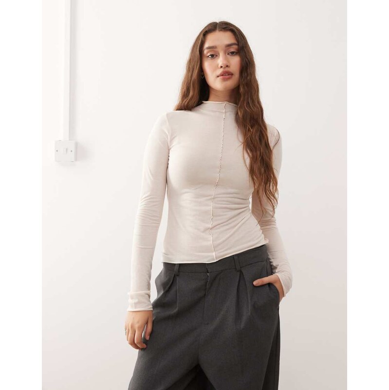 Monki long sleeve sheer t-shirt with front seam detail in beige