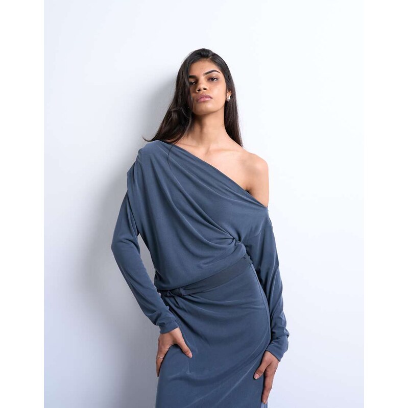 Topshop cupro long sleeve bardot twist detail top co-ord in charcoal 108310294