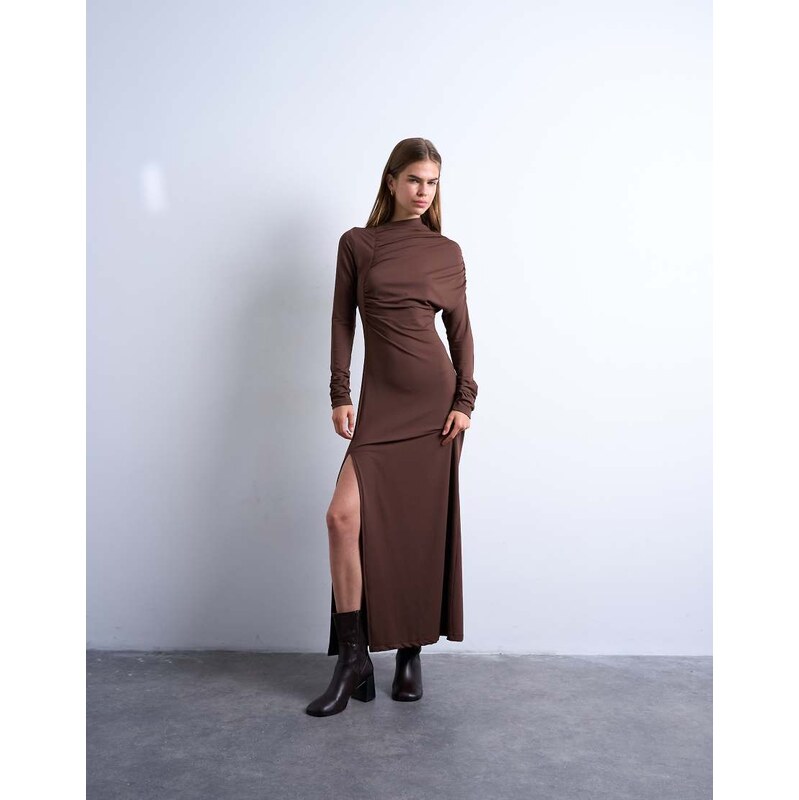 Topshop asymmetric drape front maxi dress in chocolate brown-Green 108310302
