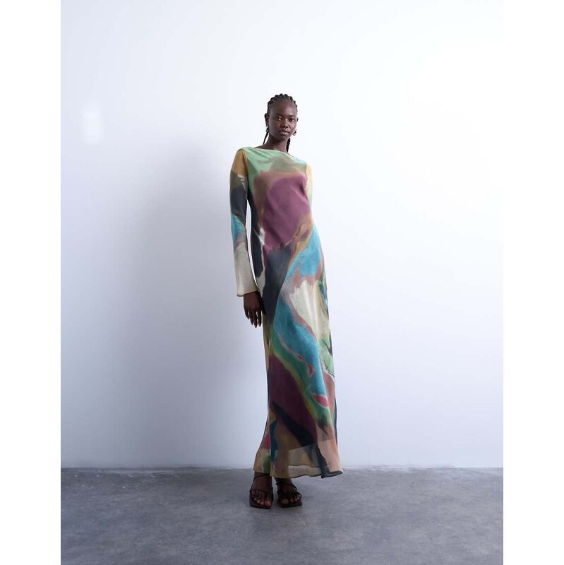 Topshop slash neck chiffon maxi dress in abstract print-Multi 108473463