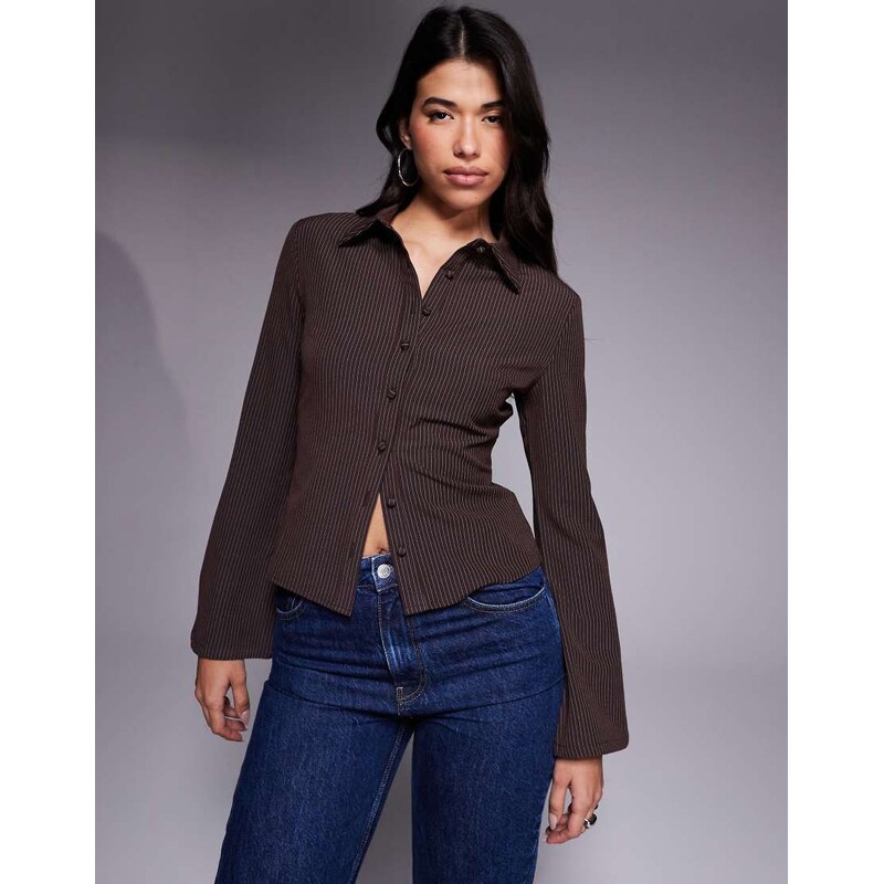 Princess Polly Anni fitted flare sleeve shirt in chocolate pinstripe 108623349