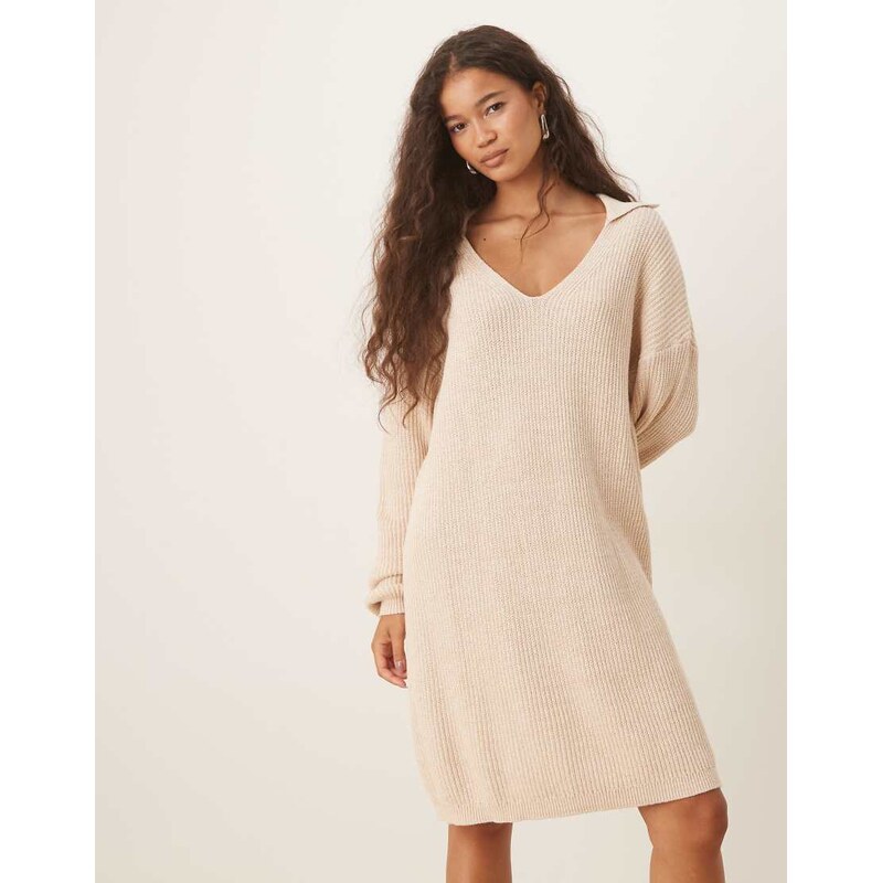 Glamorous v neck midi length jumper dress in beige marle-Neutral
