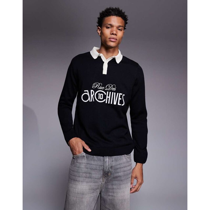 ASOS DESIGN relaxed knitted long sleeve polo with chest graphic