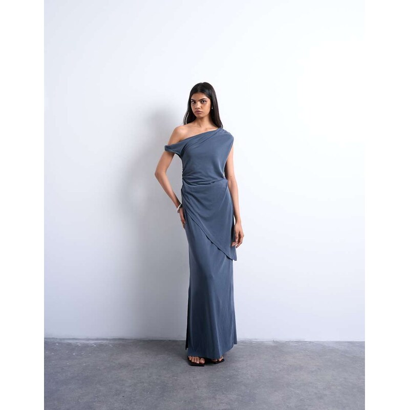Topshop cupro twist detail bardot asymmetric tunic top in charcoal 108310371