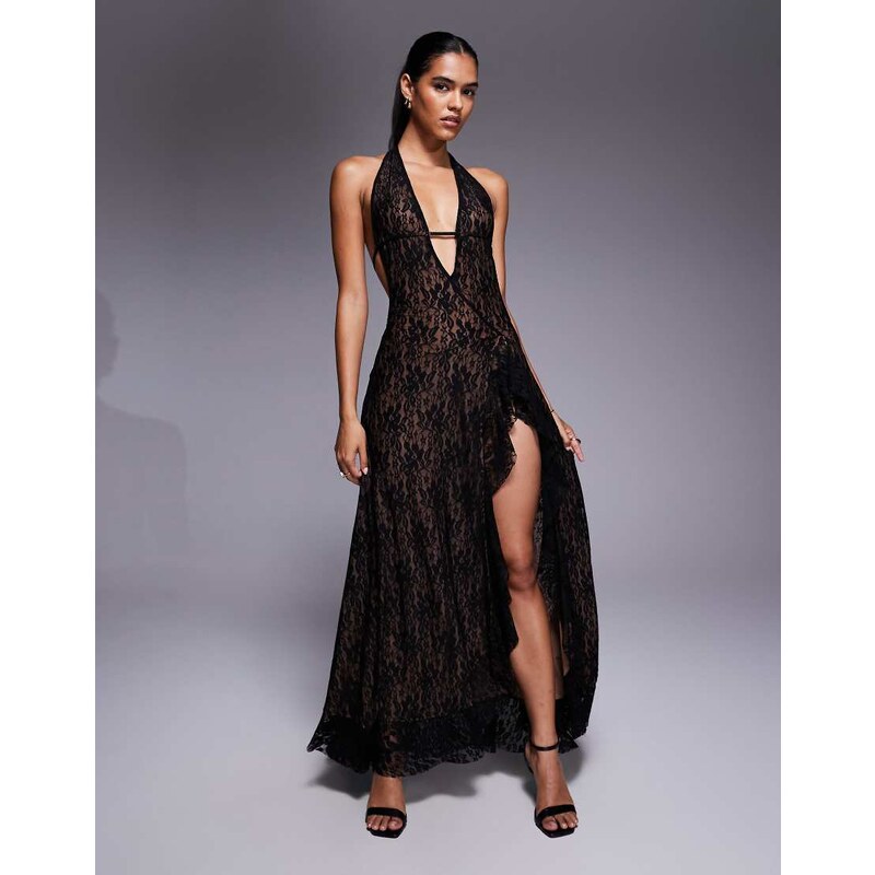 I.AM.GIA Irisia lace plunge halterneck backless thigh split maxi dress 110921958