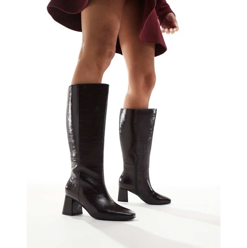 London Rebel Nova block heeled knee boots in chocolate-Brown