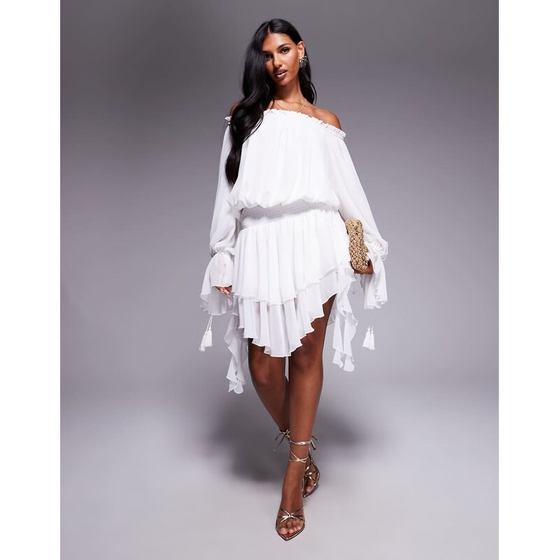 Aria Cove chiffon bardot drape detail tiered hem mini dress in white 108319864
