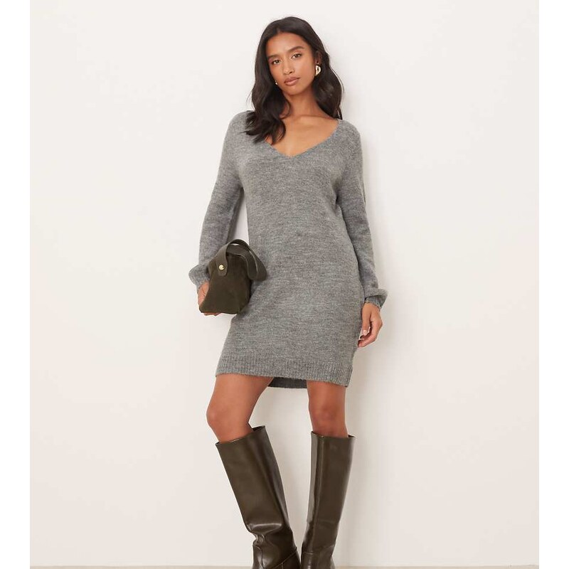 JDY Petite v-neck knitted mini dress in dark grey melange 115511573
