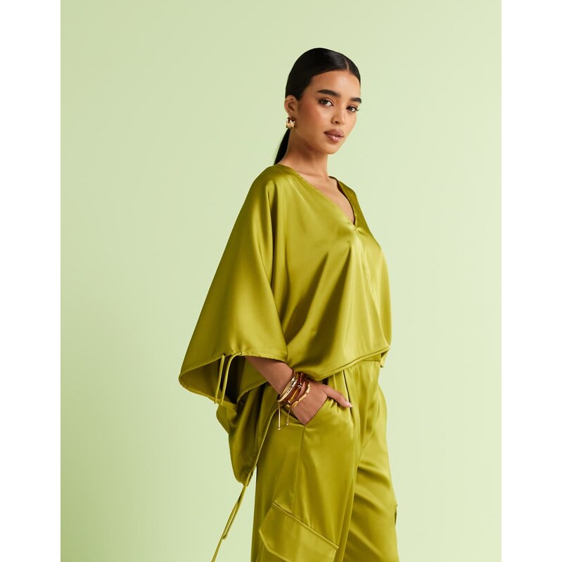 ASOS DESIGN tailored satin ruched long sleeve top co-ord in green 108319878