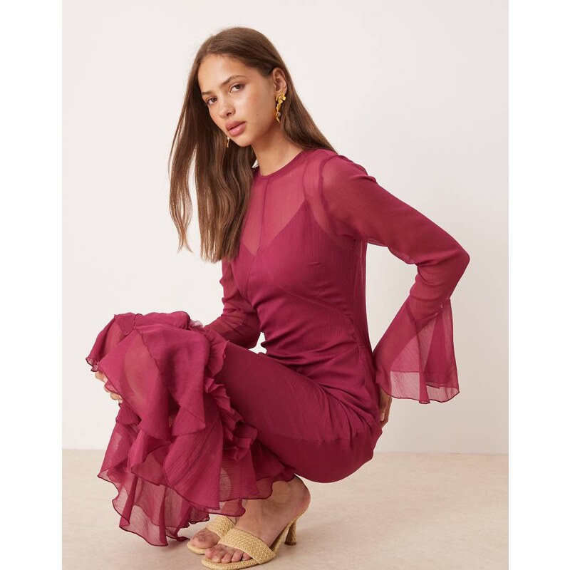 ASOS DESIGN flutter sleeve maxi dress with frill hem in cherry