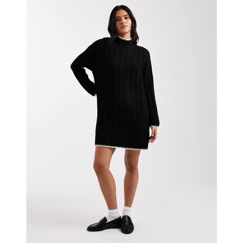 ONLY contrast stitch knitted mini dress in black