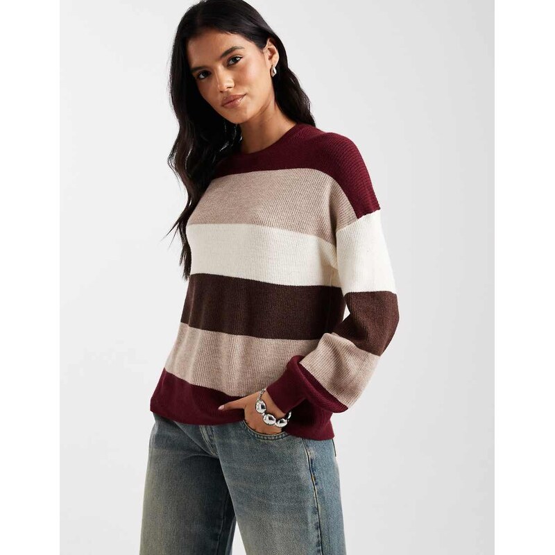 ONLY drop shoulder knitted jumper in cream and burgundy stripe-Red 115513087