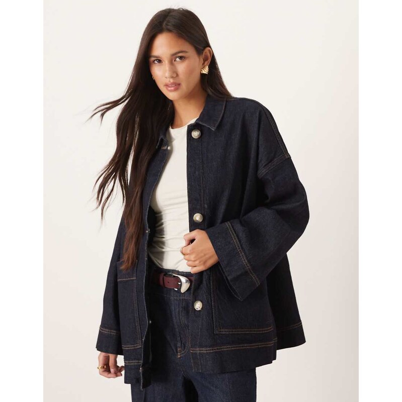 AWARE oversized boxy trucker style denim jacket in dark blue rinse 108319992