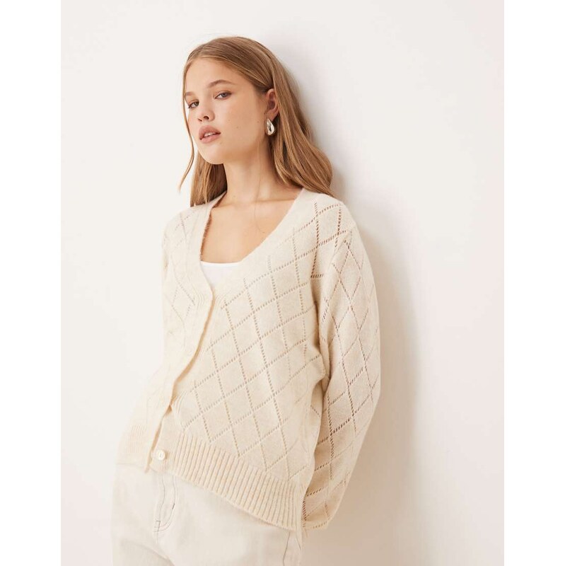 JDY diamond knit cardigan with lettuce sleeve in light beige