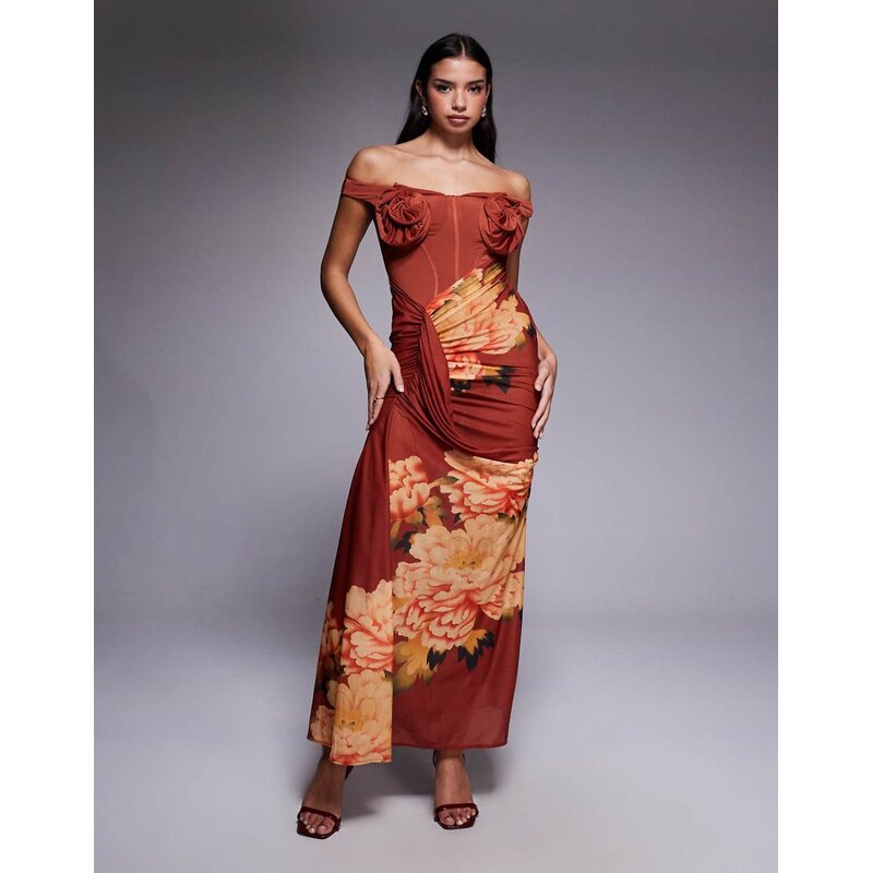 ASOS DESIGN floral bust detail bardot maxi dress with draped
