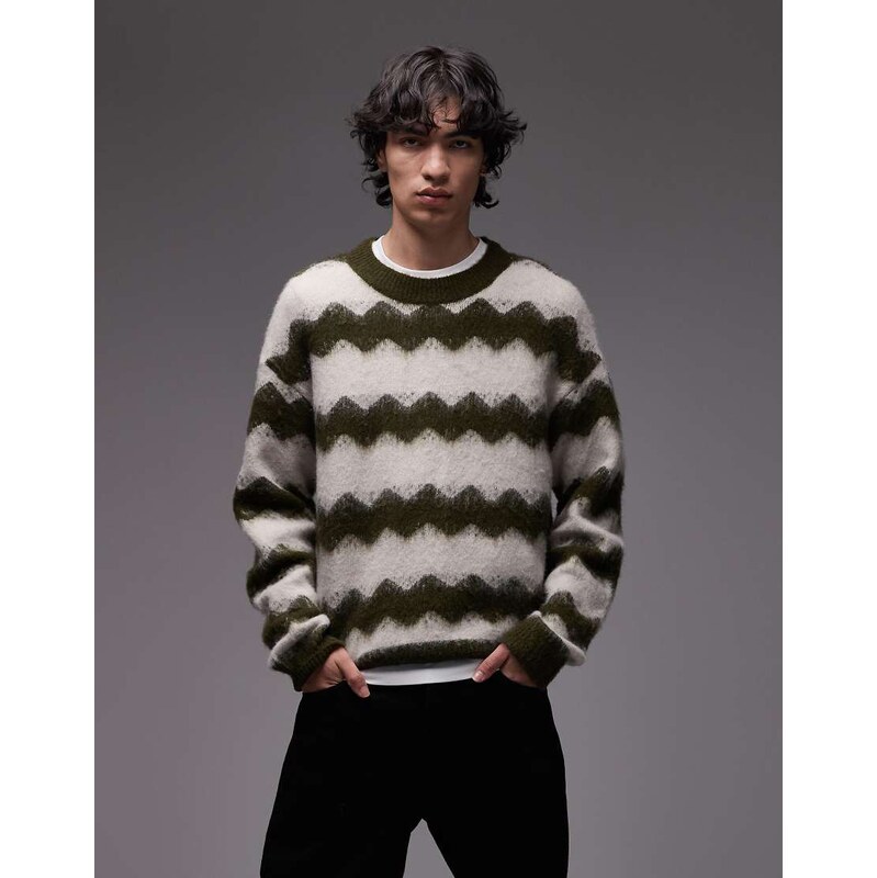Wrangler wavey stripe brushed knit jumper in cream/green-Multi