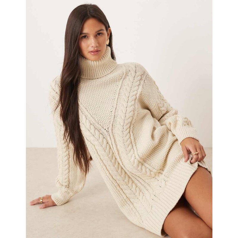 AWARE chunky cable knitted oversized jumper dress in cream-White 108320015