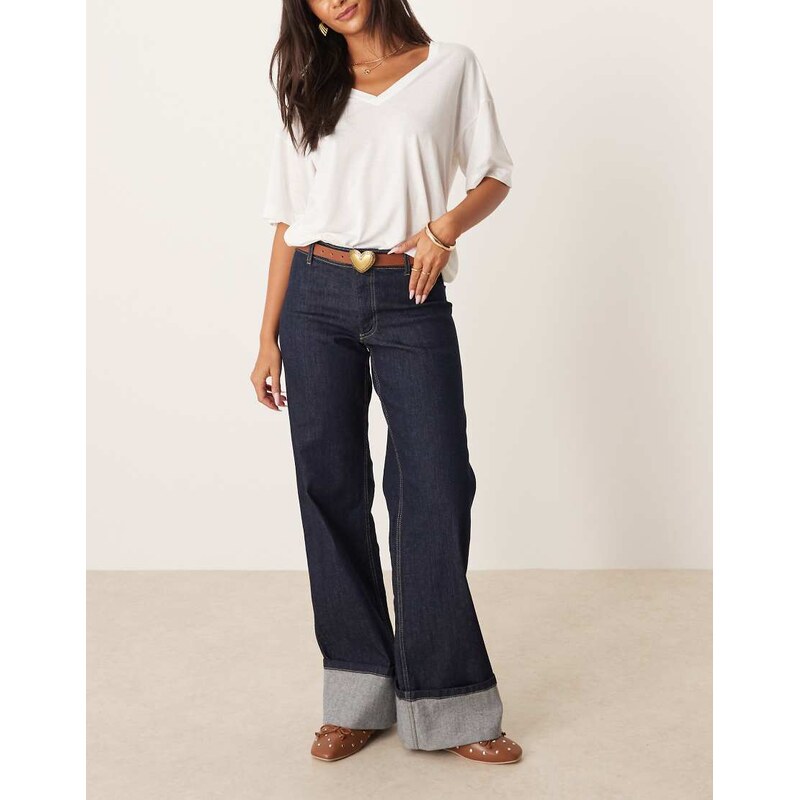 JDY Vanessa mid waist wide leg turn up hem jeans in dark blue 108320019