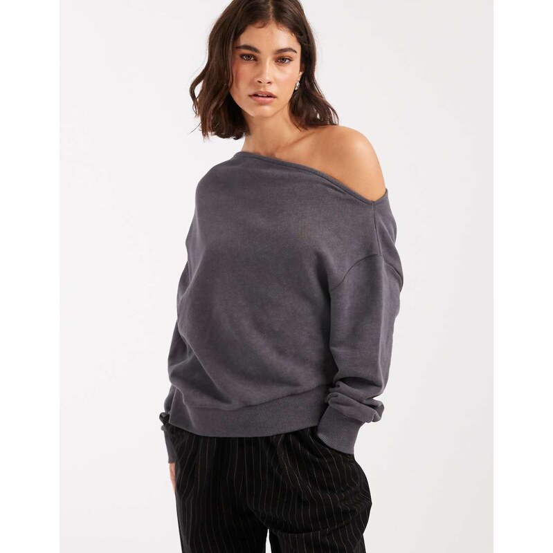 Miss Selfridge off the shoulder pleated sweatshirt in charcoal grey 108433195