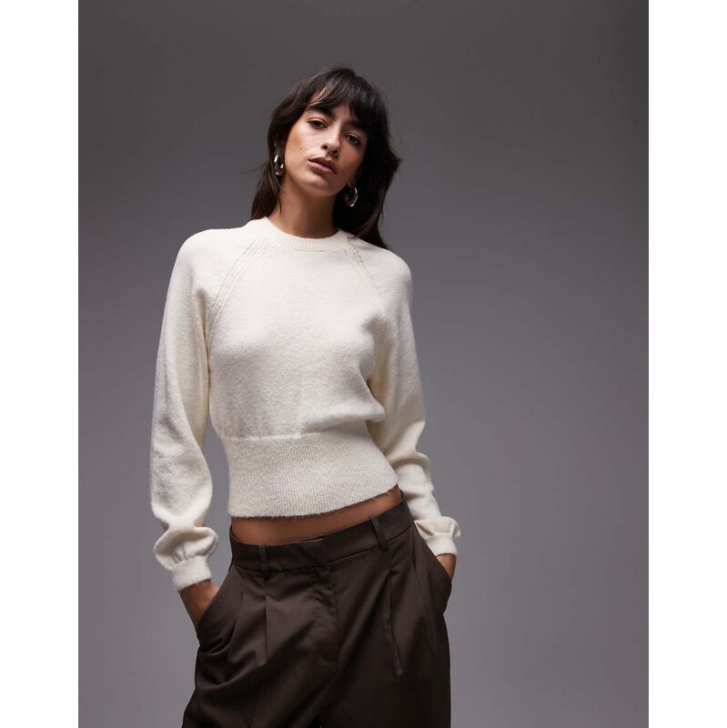 ASOS DESIGN fluffy knitted jumper with cinched waist in ecru-White 108627621