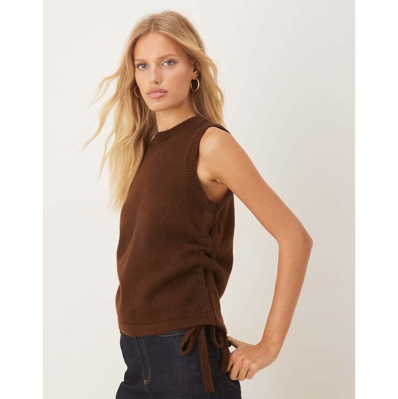 ASOS DESIGN knitted tank with ruching detail in brown