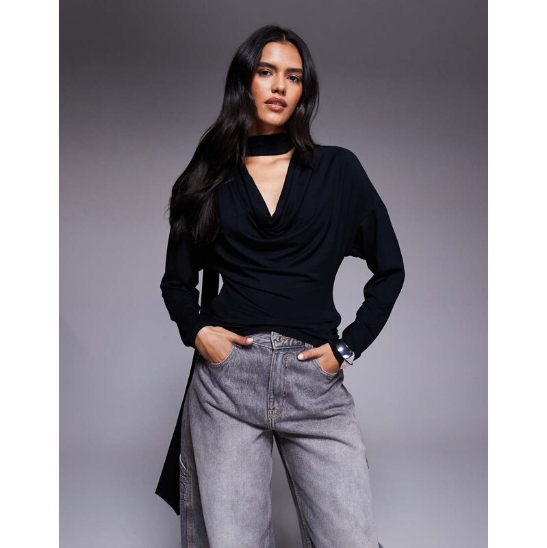 ASOS DESIGN cowl neck batwing top with scarf detail in black