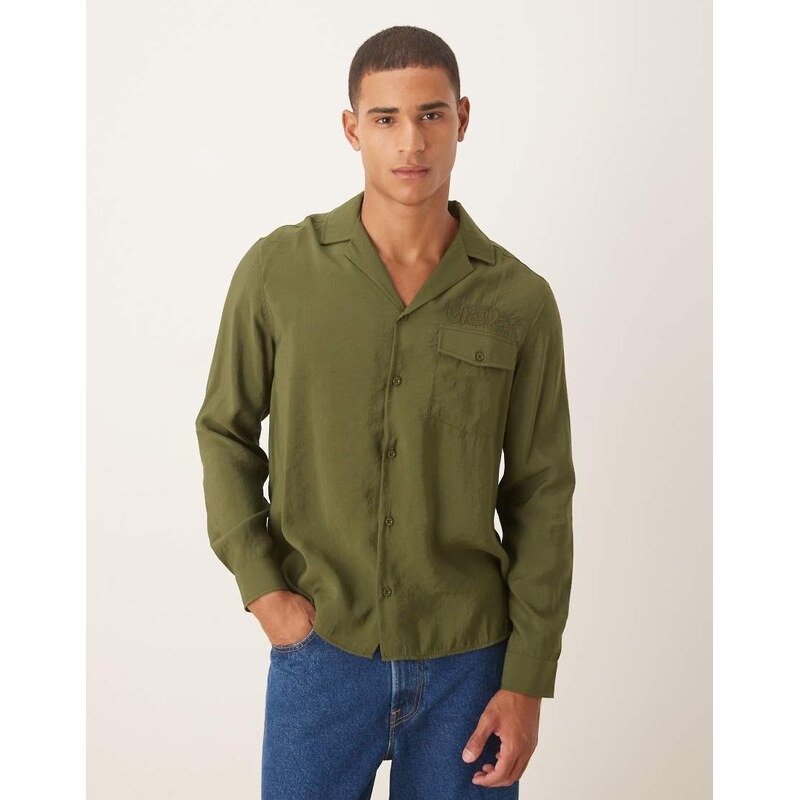 ASOS DESIGN relaxed textured shirt with embroidery in khaki