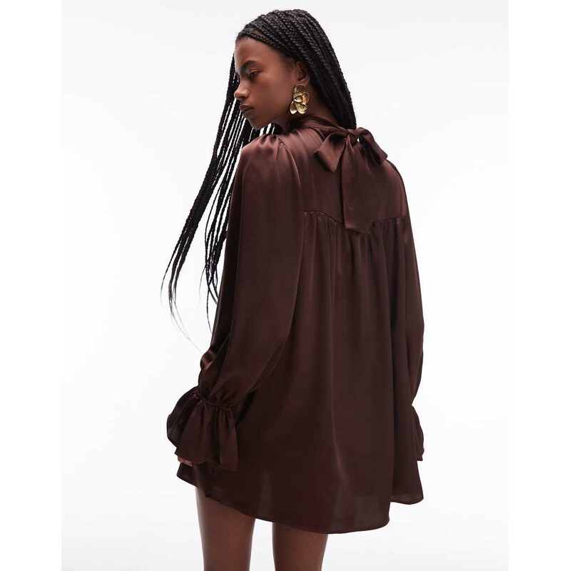 ASOS DESIGN satin high neck blouson sleeve mini dress in