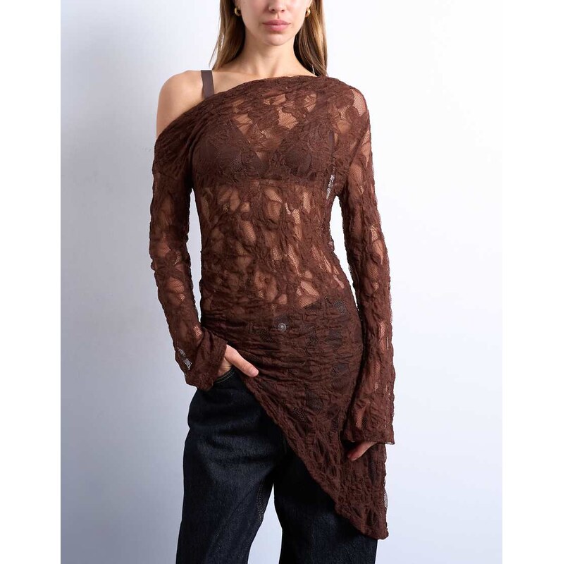 Topshop lace off shoulder tunic long sleeve top in chocolate