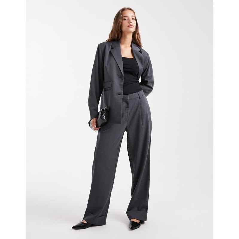 Pieces tailored fold up trouser co-ord in dark grey melange