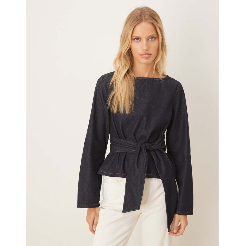 ASOS DESIGN denim inched tie detail long sleeve top in indigo