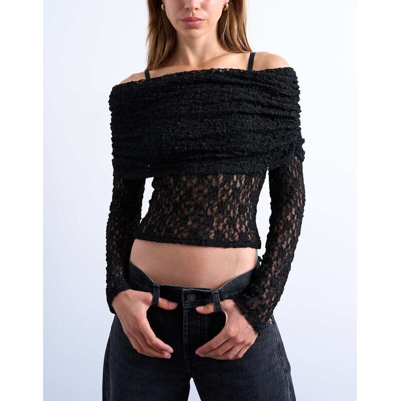 Topshop lace deep fold bardot long sleeve top in black 108424329