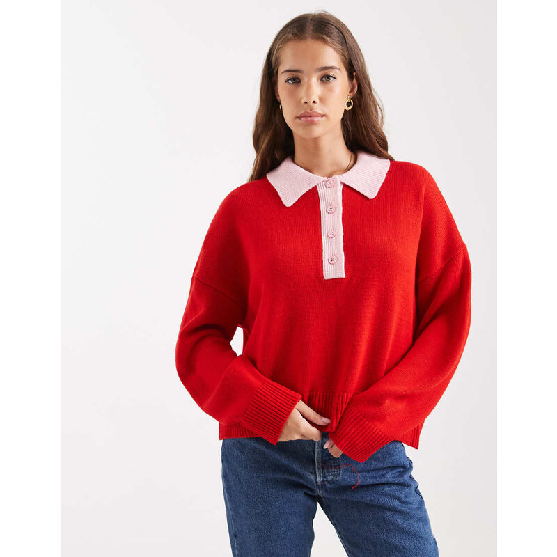 ASOS DESIGN knitted contrast collar polo in red 108320216