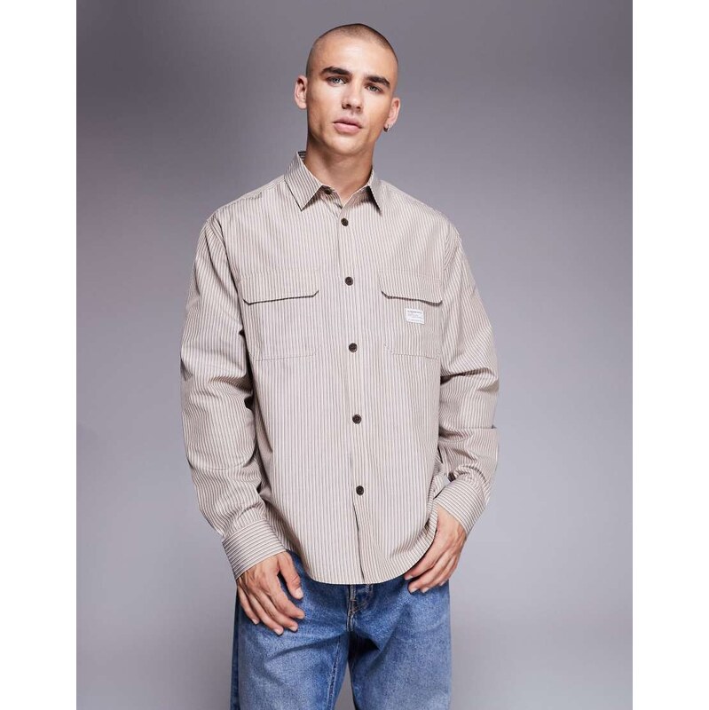 ASOS DESIGN relaxed stripe shirt with workwear badge detail in
