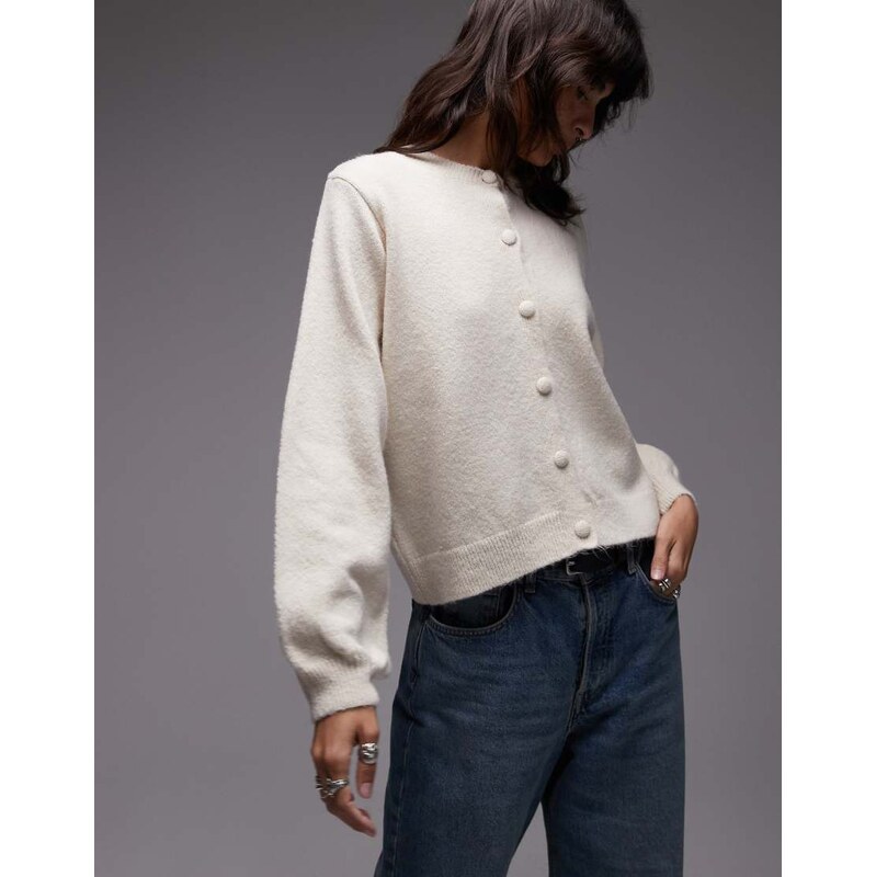 ASOS DESIGN fluffy knitted cardigan with blouson sleeve detail in cream-White