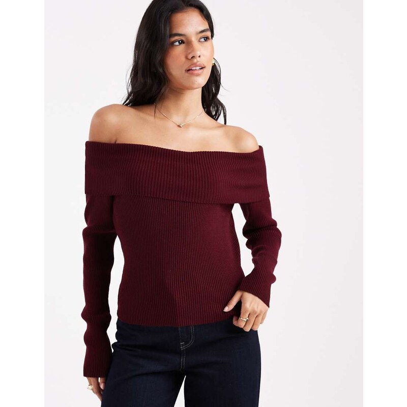 Miss Selfridge ribbed bardot long sleeve knitted top in fig-Red 108323449