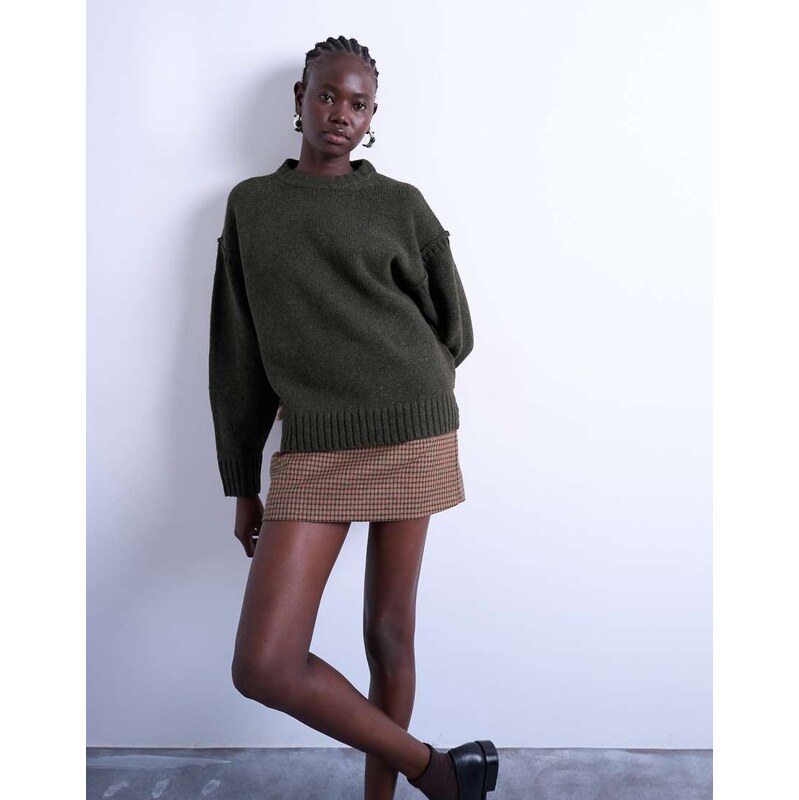 Topshop knitted clean exposed seam jumper in khaki-Green 115511156